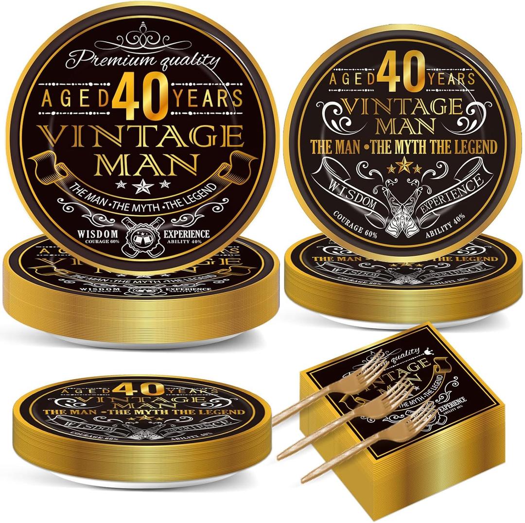 gisgfim 200 PCS Vintage 40th Birthday Plates and Napkins Party Tableware Set 1985 40th Birthday Party Table Supplies Cheers to 40 Years Paper Plate Napkin Fork 50 Guests for Men