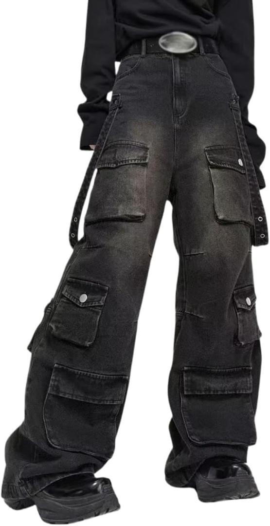 POHADON Baggy Cargo Pants for Women Loose Fit Straight Wide Leg Denim Jeans Pants Y2k Emo Clothes Hip Hop Streetwear (XX-Large, Black)