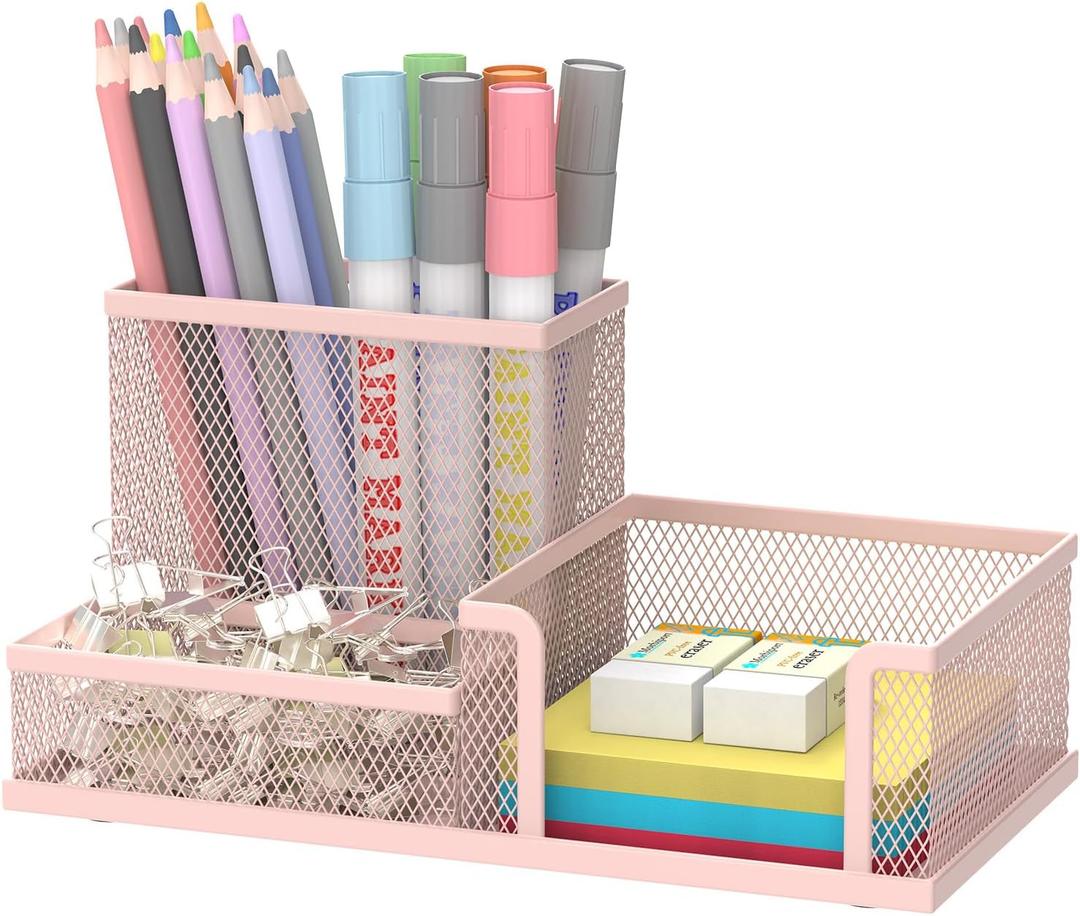 SUPEASY Mesh Pen Holder Desk Organizer, Office Supplies Pencil Storage with 3 Compartments, Office Desk Accessories and Workspace Organizers for Home School Classroom, Pink