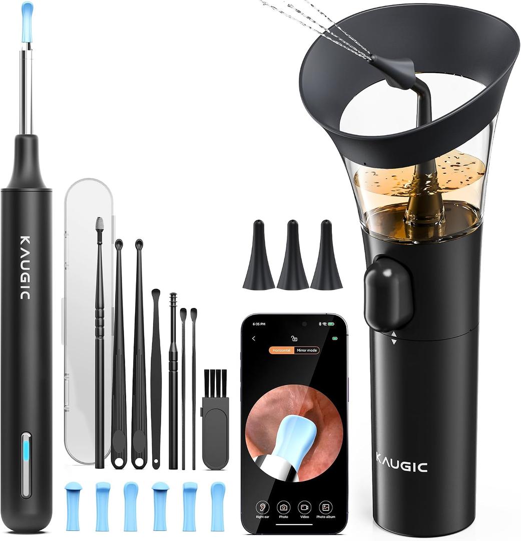 KAUGIC Ear Wax Removal - One-Hand Manual Ear Cleaner with Camera, 7 PCS Ear Spoons, Safe Ear Irrigation Kit for Adults, FSA-HSA-Eligible (Black)