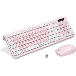 Wireless Keyboard and Mouse Combo, Reccazr 2.4G FullSized Keyboard and Mouse Cordless, 3 DPI Adjustable Mouse, DualSystem Keyboard for Computer/Laptop/Windows/Mac (Pink & White)