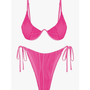 ZAFUL Women's Textured Underwire Bikini Set V Notch High Cut Swimwear Tie Side Ribbed Sexy Swimsuits L