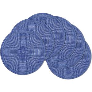 SHACOS Round Braided Placemats 15 inch Set of 6 Washable Kitchen Table Placemats for Home Wedding Party (Blue White, 6)