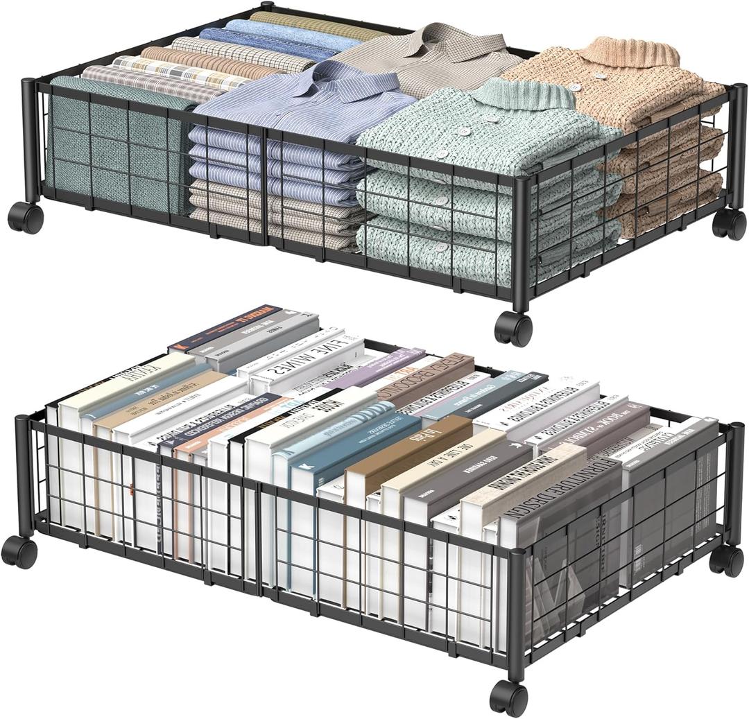 Under Bed Storage with Wheels, 360 Rotating, No-Assembly Underbed Storage Containers, 2PACK (Black)