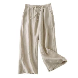 FTCayanz Women's Linen Cropped Wide Leg Pants Elastic Waist Casual Palazzo Trousers with Pockets, S, Beige