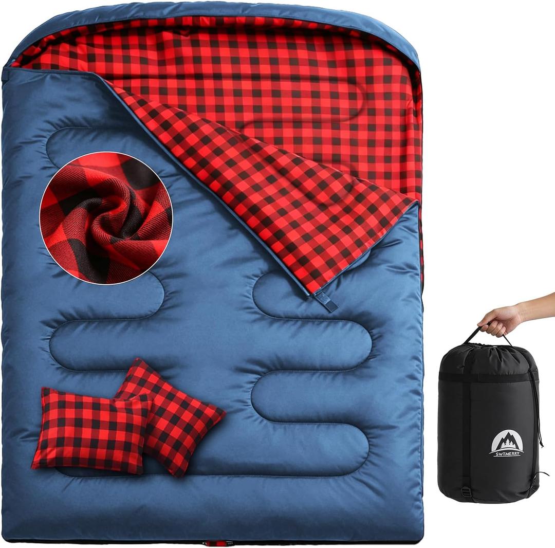 Swtmerry Double Sleeping Bag for Adults with 2 Pillows, Big&Tall XL Queen Size Sleeping Bag for 2 Person, Waterproof 2 Person Sleeping Bags for 3 Seasons,Cold Weather&Warm,Camping,Hiking & Backpacking