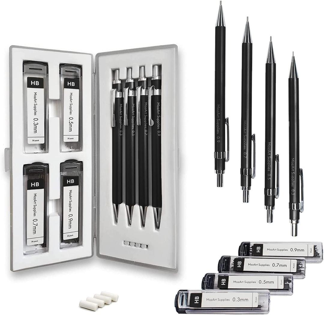 MozArt Mechanical Pencil Set with Case - 4 Sizes: 0.3, 0.5, 0.7 & 0.9mm with 30 HB Lead Refills Each & 4 Eraser Refills -Sketch, Drafting, Art, Drawing Supplies (Black)