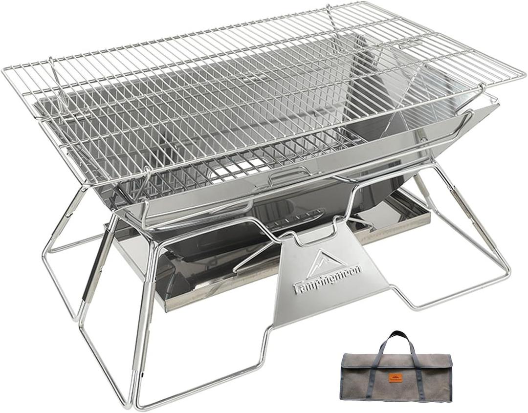 CAMPINGMOON Large Portable Campfire Fire Pit BBQ Grill Stainless Steel Foldable Collapsible Wood Burning Charcoal Grill for Heavy Duty Outdoor Cooking RV Camping, 20x13-inch, Carry Bag included MT-3