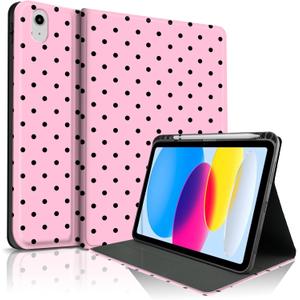 TopPerfekt Case for iPad 11th (A16) 11-inch 2025 /10th Gen 10.9-inch 2022, Cute Polka Dot Stylish Aesthetics Design Protective Cover with Pencil Holder, Anti-Slip, Anti-Shock-Big Black Polka Dots Pink
