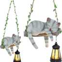 Solar Lighted Garden Outdoor Statue, 22.6" H Hanging Swing Lying with A Sleeping Cat and A LED Lantern, Resin Animal Figurine Hanging Ornaments with Hook for Decoration & Gift