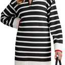 Dokotoo Women's Polo V Neck Sweater Dresses Fall Dresses for Women 2024 Long Sleeve Dress Casual Striped Mini Dress (Large)