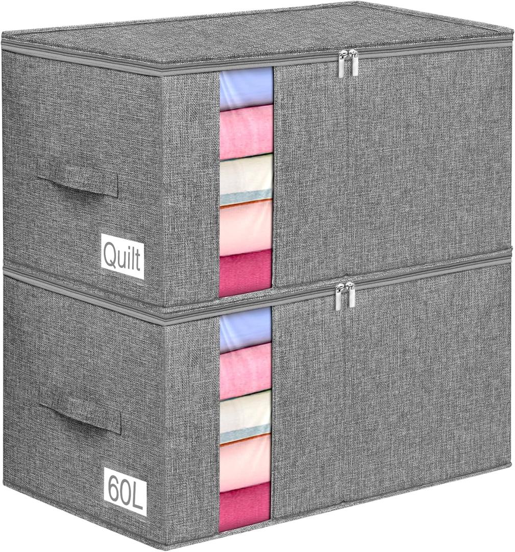 60L Blanket/Comforter Storage Bag w/Rigid Side & Bottom Support, Stackable Clothes Storage Bin for Sweaters Bedding Sets Quilts Pillows, Closet Organizer, 21.7x14.2x11.8in, 2 Pack, Gray