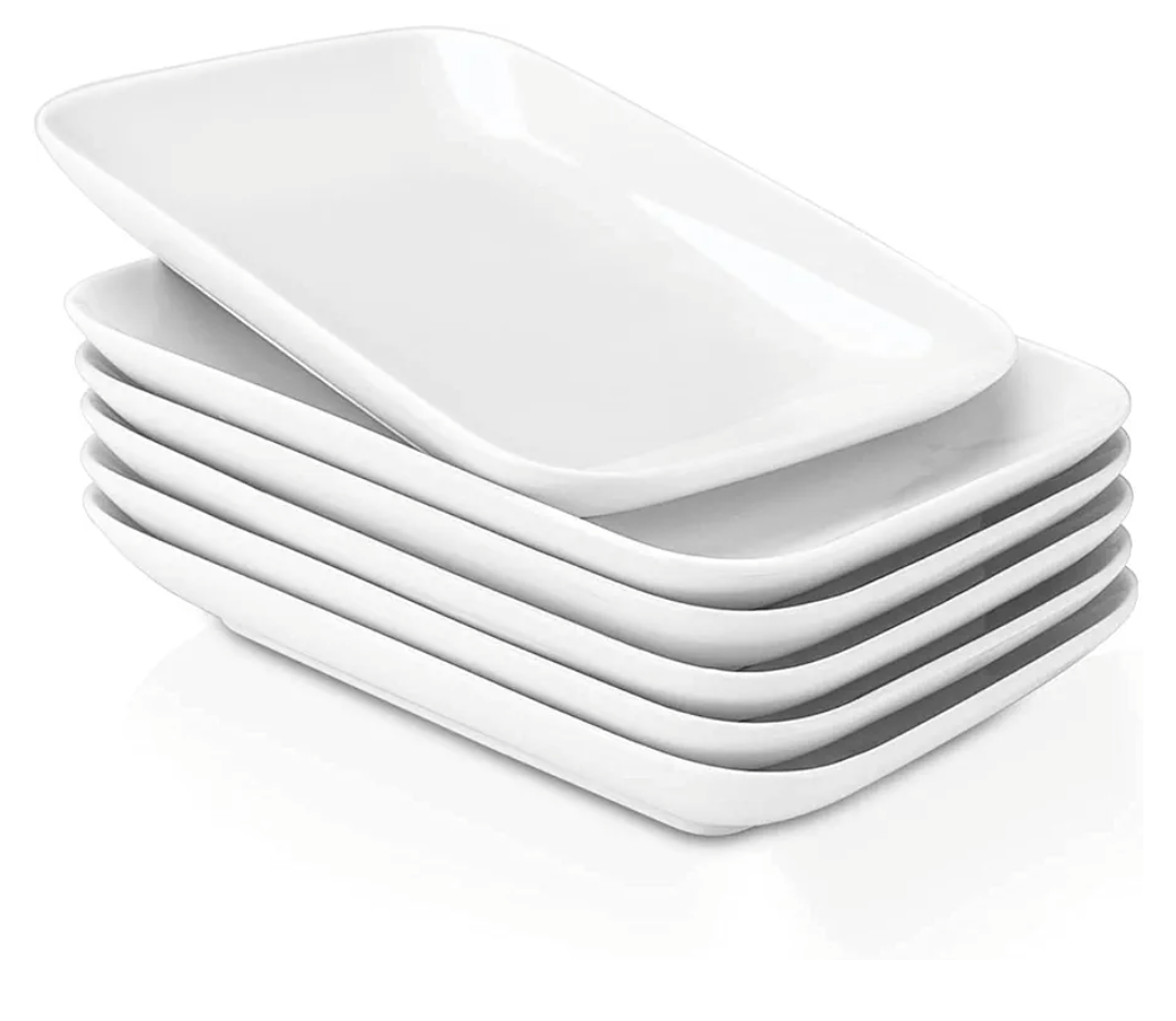 DELLING 8 Inch Rectangular Appetizer Plates, Salad Plates Set, Ceramic Dessert Plates, Small Serving Plates for Salad, Appetizer, Snack, Sushi - Microwave, Oven, and Dishwasher Safe - Set of 6, White
