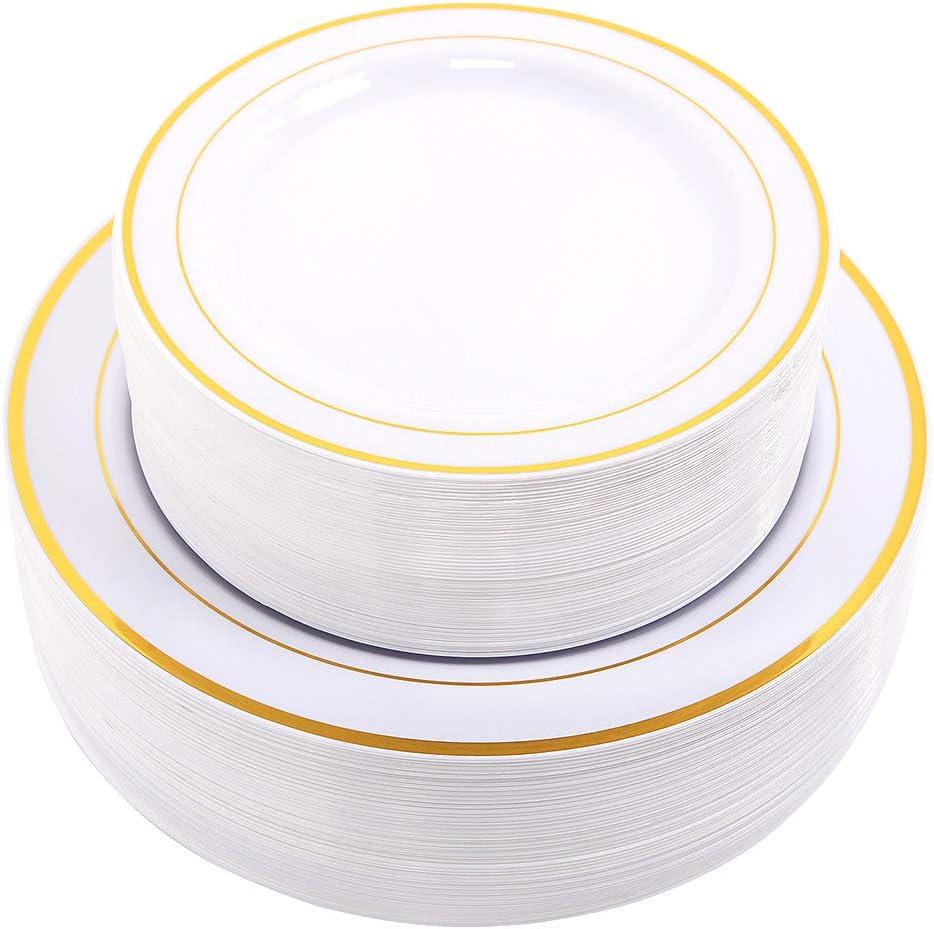 WDF 60PCS White Gold Plates Disposable - Gold Plastic Plates Gold Rim Plastic Plates, Including 30-10.25inch Gold Dinner Plates and 30-7.5inch Gold Salad/Dessert Plates