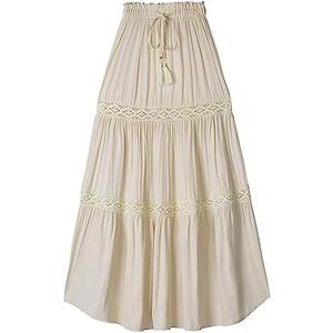 Women's Elastic High Waist Pleated Maxi Skirts Boho Summer Tiered Drawstring Skirt Bohemian Long Ruffle Dress Size L