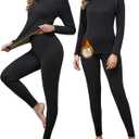 2 Set Thermal Underwear Set for Women Long Johns with Fleece Lined Base Layer Women Cold Weather Top Bottom (Large)