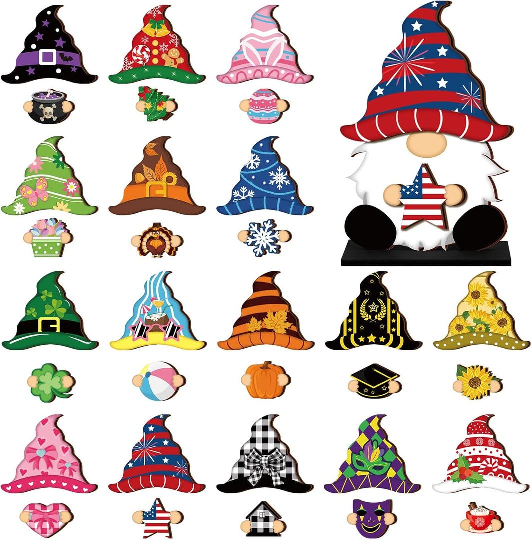 Blulu 34 Pcs Interchangeable Wooden Gnome Decor Summer 4th of July Patriotic Gnomes Welcome Sign Holiday Seasonal Tiered Tray Decor with Magnet Pieces for Gifts Decorations (Stylish)