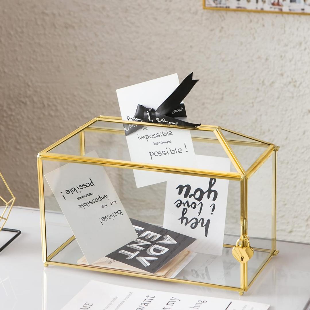 Glass Wedding Card Box with Slot, 12.6 inch Large Clear Card Box Gold Brass Gift Card Storage Box with Lock for Wedding Receptions, Baby Shower, Birthday Party, Bridal Shower
