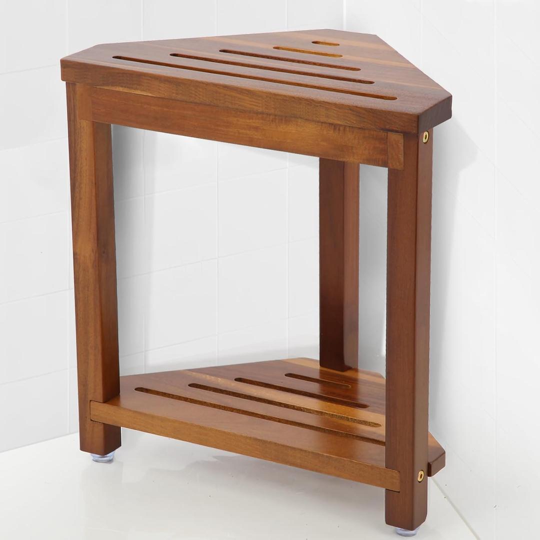 IBosins 16in Shower Foot Rest Corner Shower Stool for Shaving Legs with Storage Shelf Small Bench for Inside Shower to Sit on Bath Seat - Acacia Wood