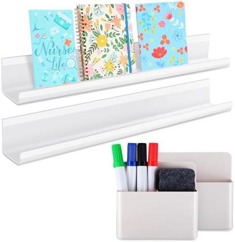 Menkxi 4 Pcs Magnetic Book Shelf for Whiteboard Classroom Reusable Acrylic Book Display Shelf with Pen and Eraser Holder Magnetic Floating Bookshelves Back to School Gift for Teacher Office Fridge