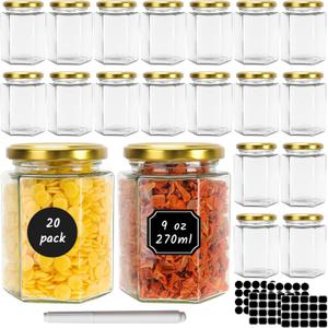 20 Pack 9 oz Clear Hexagon Glass Jars with Gold Lids