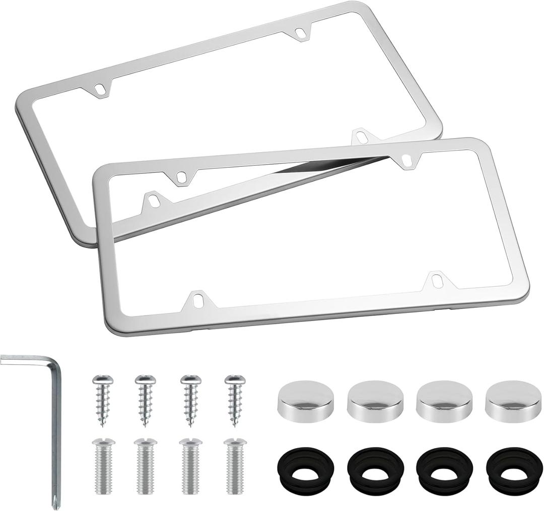 LivTee Chrome License Plate Frames, 4 Holes Stainless Steel License Plate Covers, 2PCS Car License Plate Holder, Automotive Accessories, Slim Design with Bolt and Gasket Cover for US Cars(Silver)
