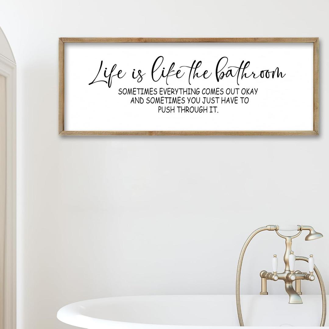 FZMHASLWW Humorous Motivational Bathroom Wall Decor 32"12" Life Is Like The Bathroom Sign Funny Inspirational Quote for Farmhouse Toilet Restroom Large Modern Wood Framed Wall Hanging Art (Wood)