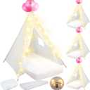 4 Pack Teepee Tent for Kids Slumber Party with Mattress,Fitted Sheet,Light String,Natural Cotton Washable Sleepover Tents for Girls Party Birthday Slumber Movie Night Supplies(White)