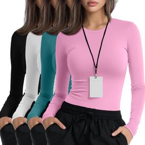 Xaatren 4 Pack Women's Underscrub Shirts Nurse Undershirts Long Sleeve Crewneck Slim Fit Tops Soft Stretchy Basic Tee, XS