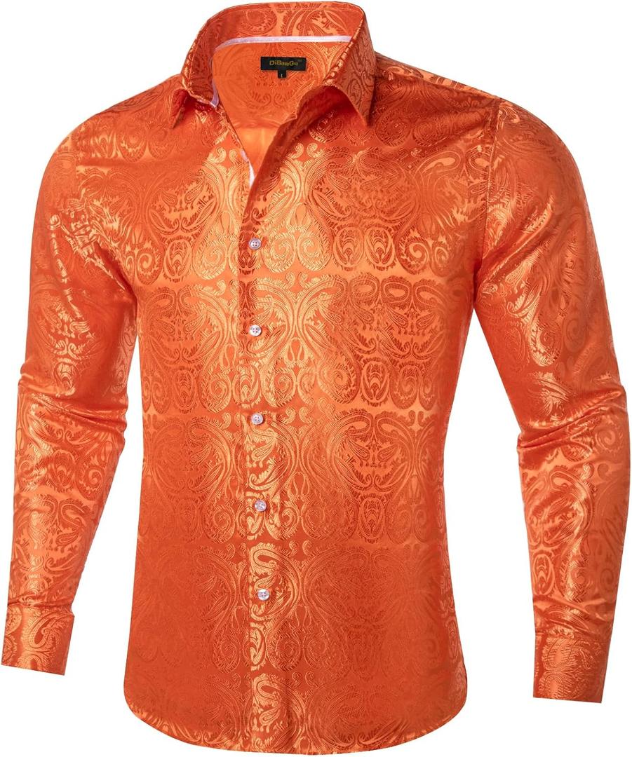 DiBanGu Silk Mens Dress Shirts,Woven Paisley Long Sleeve Button Down Shirt for Men Casual Regular Fit Shirts Wedding Party (Orange, XL)