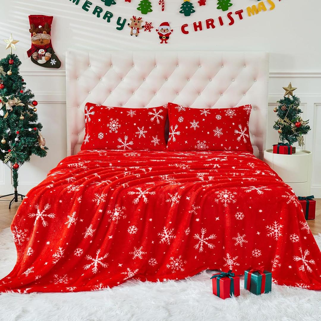 YIYEA Christmas Faux Fur Sheets, Luxury Ultra Soft Fleece Bed Sheets Set, Fluffy Plush Velvet Bedding for Fall Winter, Cozy Warmth, No Shedding, 4PC, Queen