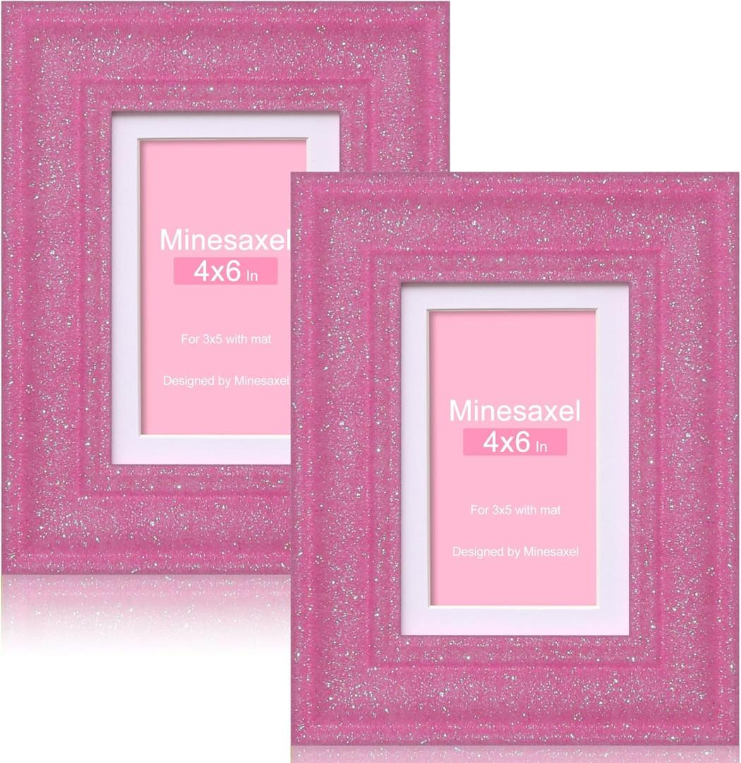 4x6 Glitter Picture Frame with Mat for 3x5, HD Real Glass Pastel Sparkle Photo Frames, Colorful Cute Fun or Unique 4 by 6 Artwork Framel for Tabletop or Wall Display Pink 2 Pack