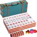 Topmahjing American Mahjong Tile Set, 166 Acrylic Carved Tiles with American Classic Culture Theme, 4-Layer Colorful Tiles, 100 Chips, 3 Dice, Vintage Classic Leather Portable Travel Case