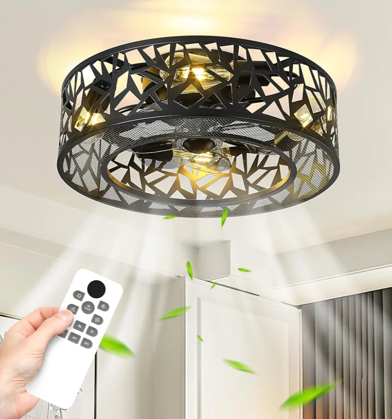 Caged Ceiling Fans with Lights,18 Inch Fandelier Ceiling Fan with Remote Control,Matte Black Low Profile Ceiling Fan for Bedroom,Living Room,CF06-BK