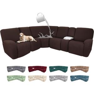100% Waterproof Sectional Recliner Couch Covers for Reclining Couch L Shaped Corner Sectional Sofa Cover Jacquard Stretch L Shape Recliner Slipcovers (5 Seater 1 Console Cover, Dark Brown)