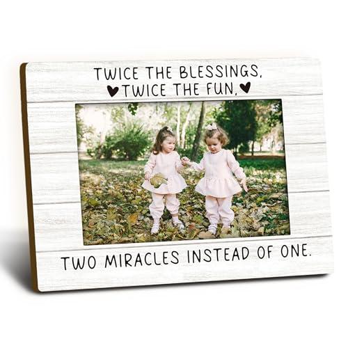 Foyoulame Twin Baby Gifts Picture Frame 4x6, Twin Mom Gifts Wooden Picture Frame, Twins Must Haves for Newborn, Twice The Blessings Twice The Fun Decorative Photo Frames for Table Desk Decor