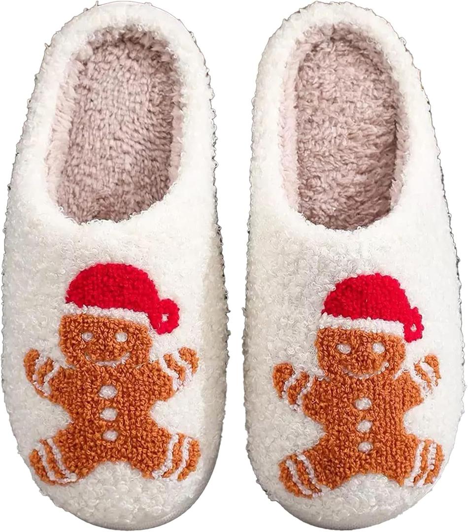 Christmas Slippers Reindeer Slippers for Women and Men Holiday Halloween Slippers Indoor Bedroom Fluffy Warm Fleece Slippers Winter Soft Cozy Home Non-Slip Soft Plush Slip-on Wool Lined House Shoes (White)