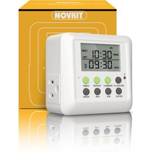 3-in-1 Dual Outlet Timer Plug with Interval Cycle for Indoor, 7 Day 24 Hour Programmable Digital Repeat Timer Switch (15A, 1875W)