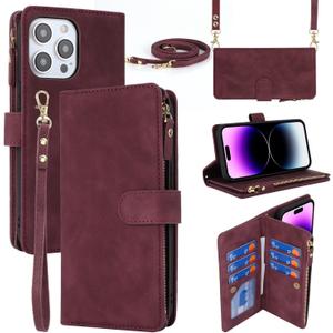iCoverCase Compatible with iPhone 15 Pro Max Crossbody Case with Strap, Wallet Phone Case Card Holder [Not Detachable] PU Leather Kickstand Zipper Lanyard Case 6.7" (Claret)