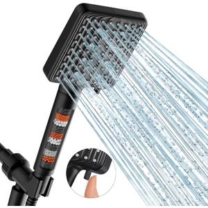 Filtered Shower Head Black - 6 Modes High Pressure Handheld Shower Head with Filter Mineral Beads, Detachable Handheld Showerhead Set with Stainless Steel Hose and Shower Arm Bracket