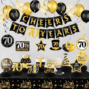 Zonon 70th Birthday Party Table Decorations for Men Women 35 Pcs Cheers to 70 Years Banner Tablecloth Black Gold Balloons Hanging Swirls Honeycomb Centerpieces Happy 70th Birthday Party Supplies