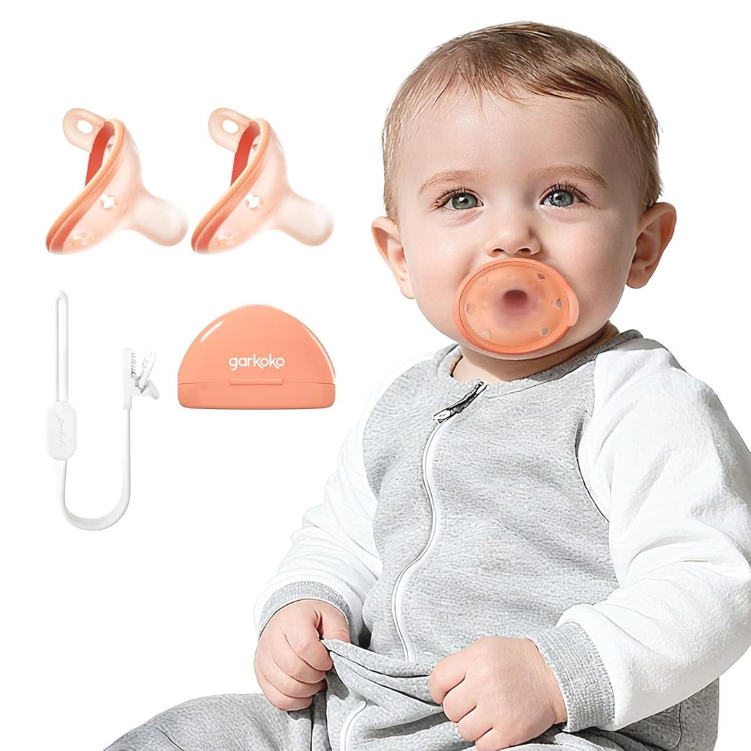 Garkoko 2-Pack Newborn Pacifiers with Clip & Case, 0-6 Months, Breastfeeding Pacifier, Symmetrical Nipple Pacifier, Non-Touch Face, Food-Grade Silicone, Hygiene Kit for Babies