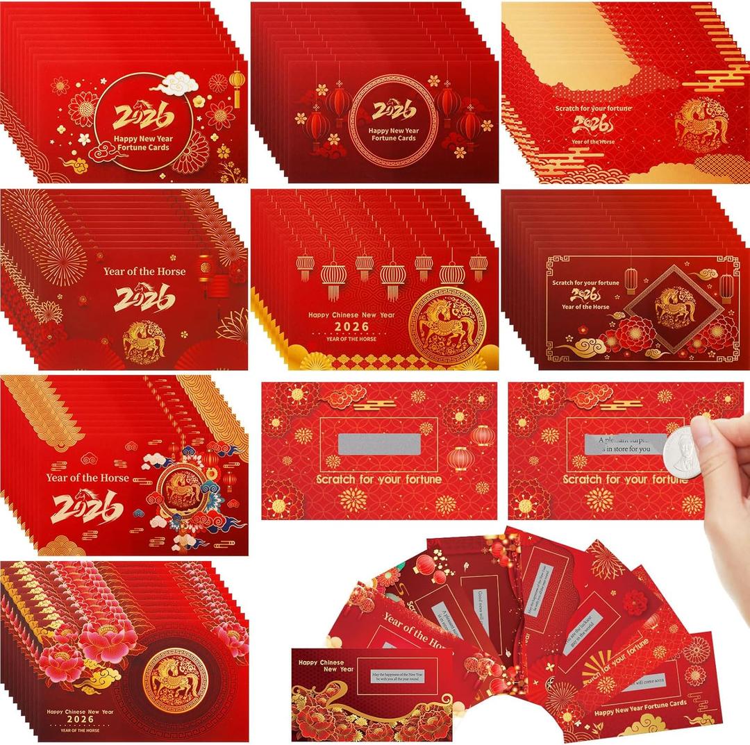 Affrolling 96 Pcs Chinese New Year Scratch off Fortune Cards 2026 Year of the Horse Party Scratch off Fortune Cards Lunar Lucky Card Chinese Spring Festival Party Decorations