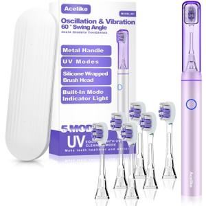 Metal Electric Toothbrush with UV Mode, Vibration and Oscillation Electric Toothbrush for Adults, 6 Brush Heads & Travel Case & Dust Cover, 5 Modes & Built in Timer, One Charge Last 120 DayRose