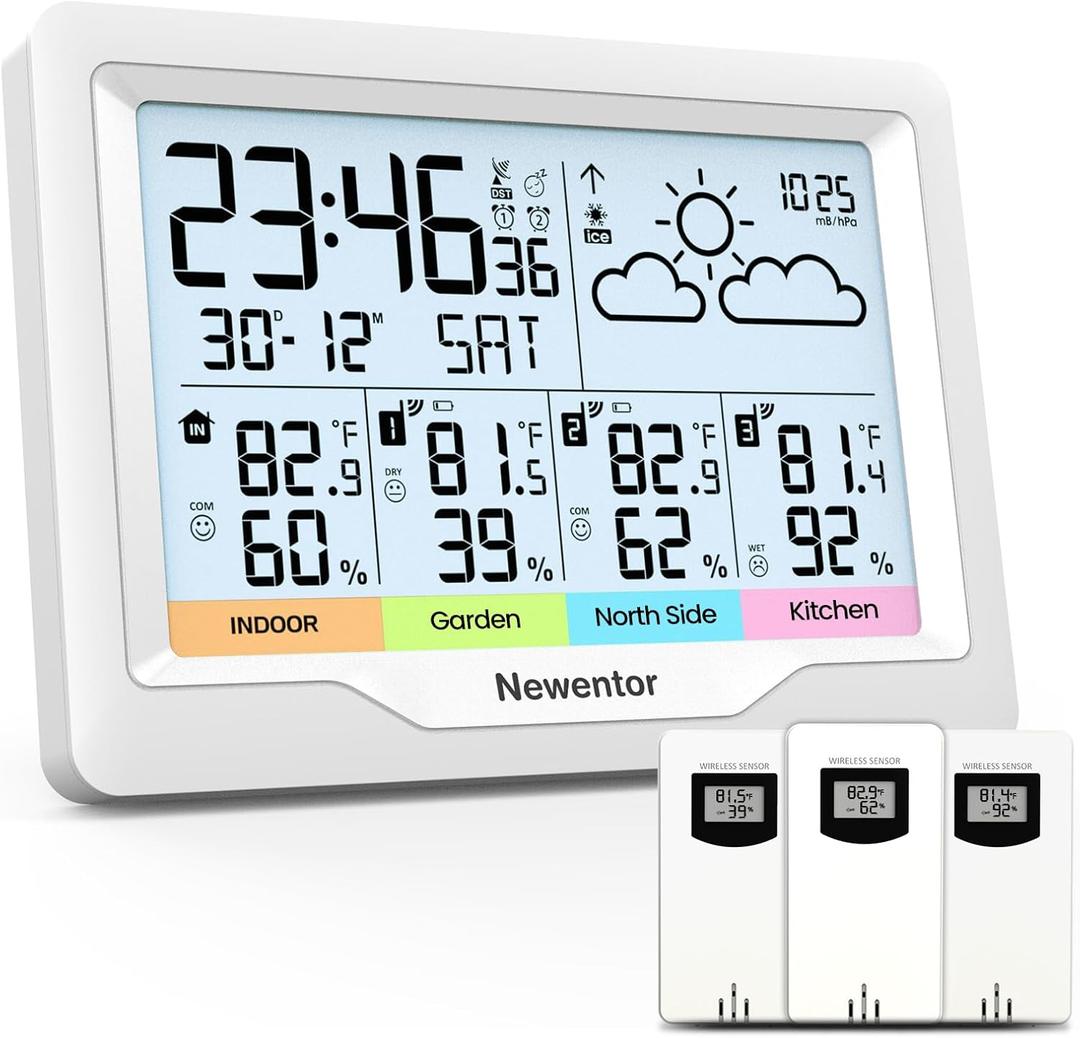 Newentor Weather Stations Wireless Indoor Outdoor Multiple Sensors, Indoor Outdoor Thermometer with Atomic Weather Clock Battery Powered, Temperature Humidity Monitor and Barometer for Home, White