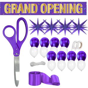 Purple Grand Opening Decorations - 25 Inch Giant Scissors for Ribbon Cutting Purple Banner and Satin Ribbon Star Balloons for Special Events Inaugurations and Business Openings