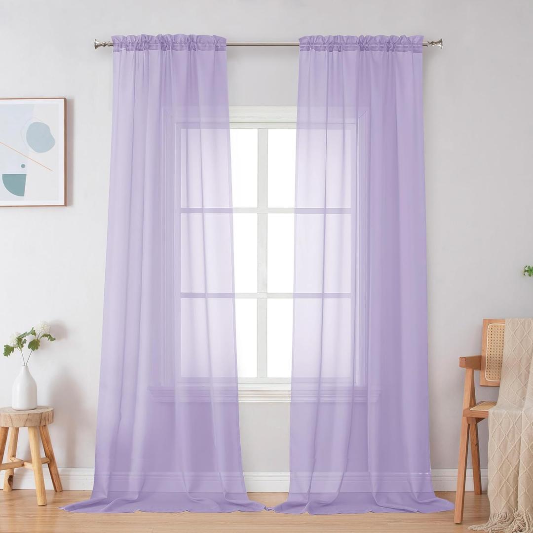Simplebrand Lavender Sheer Curtains 96 Inches Long, Light Filtering Light Purple Rod Pocket Solid Color Window Sheer Curtain Panels, Elegant Curtains & Drapes for Living Room, Bedroom 2 Panels, 42" W
