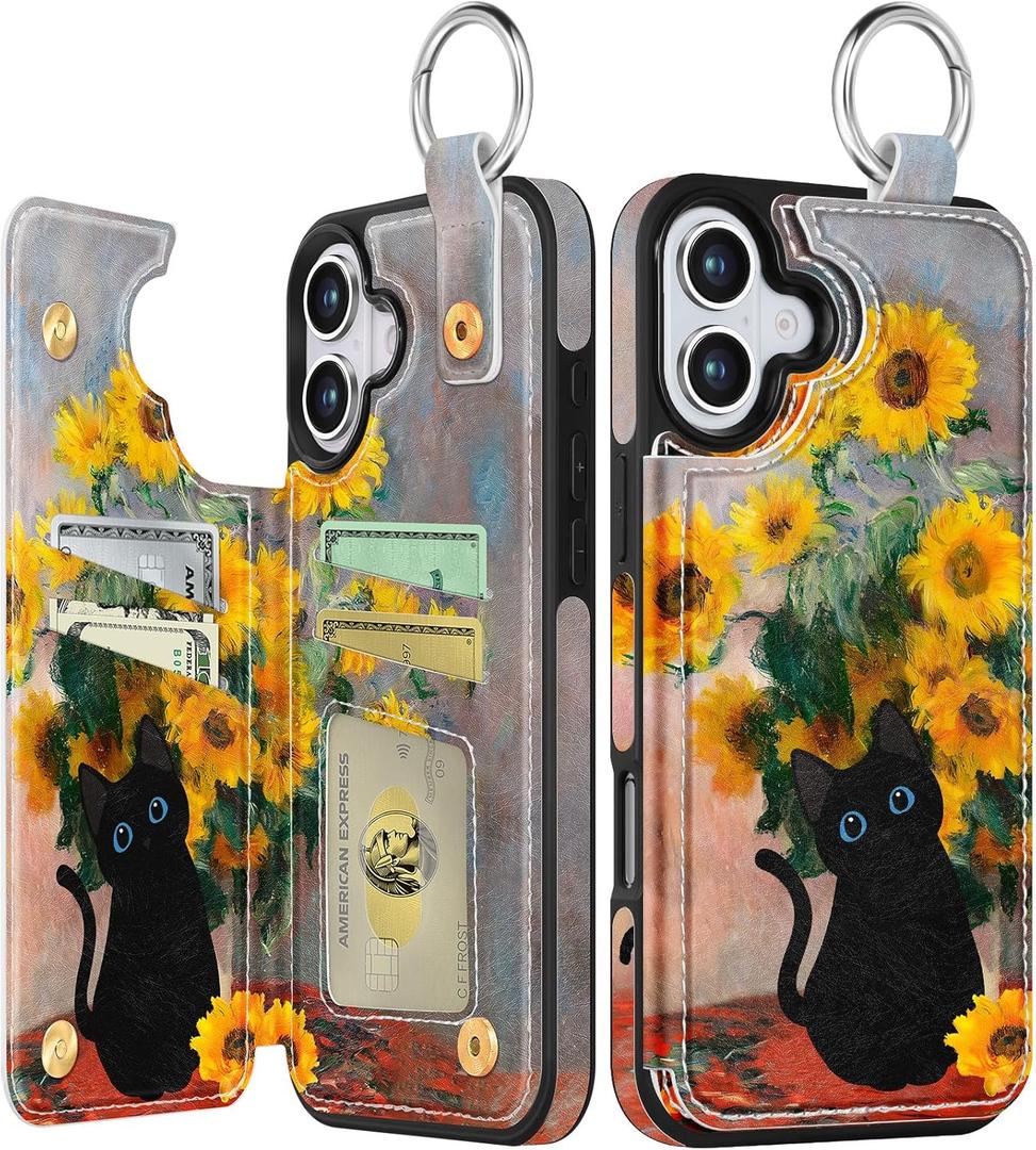 Shorogyt Compatible with iPhone 16 Wallet Case with Card Holder - Cute Fashion Sunflower Cat Design Kickstand for Magnetic Clasp Back Flip Folio Leather Phone Covers for Women Men Girls