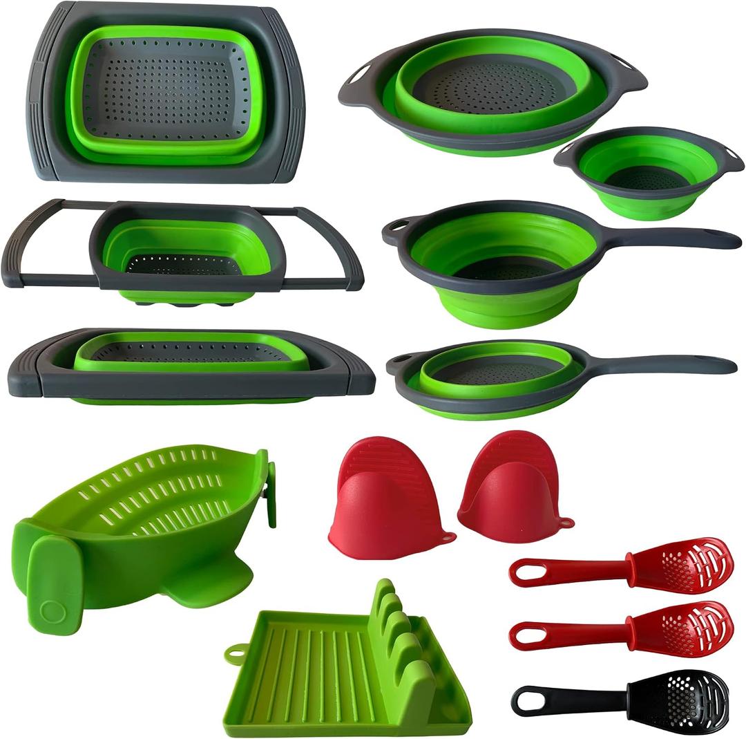 BaraBara 10 pcs Silicone Telescopic Collapsible Strainers with Handles, Foldable Bowl, Clip on Drainer. Green Spoon Rest, 3 ladle Masher Spoons. Silicone Gloves Heat Resistant Bundle Cooking Set