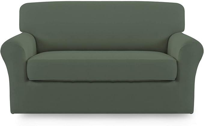 Easy-Going 2 Pieces Microfiber Stretch Sofa Slipcover – Spandex Soft Fitted Sofa Couch Cover, Washable Furniture Protector with Elastic Bottom Kids, Pet (Loveseat, Greyish Green)